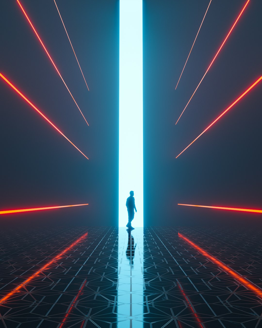 Human figure standing at edge of glowing quantum field