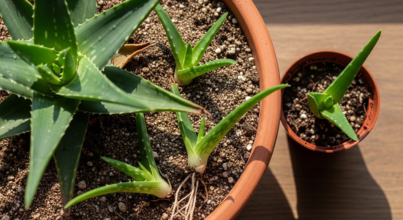 Aloe vera mother plant with separated pup offshoots ready for potting