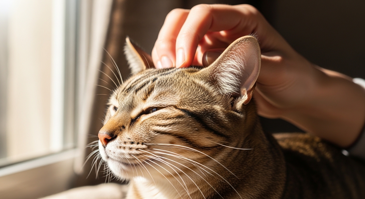 person scratching relaxed cat behind ears near window