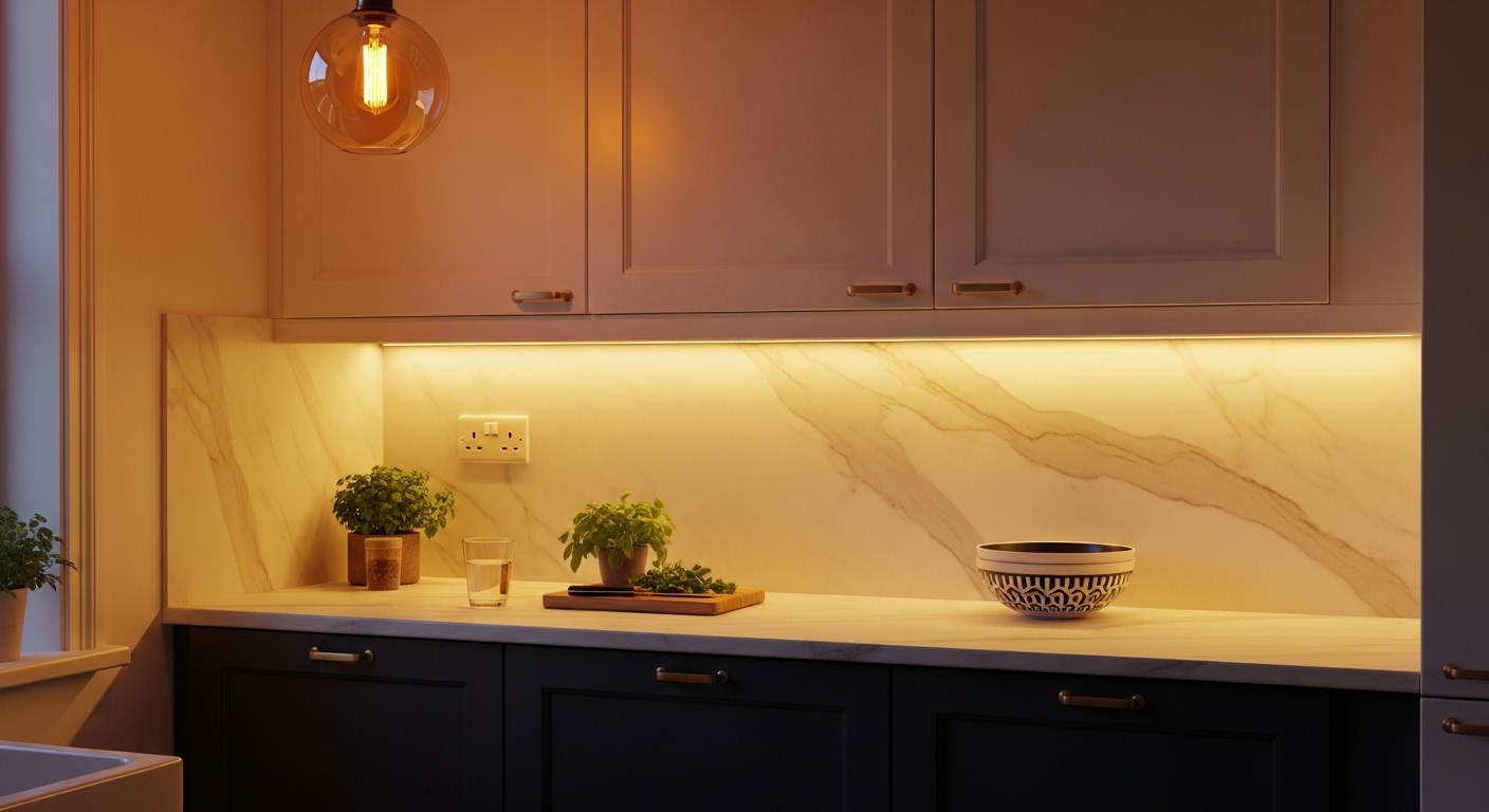 Small kitchen at dusk with warm under-cabinet LED lighting