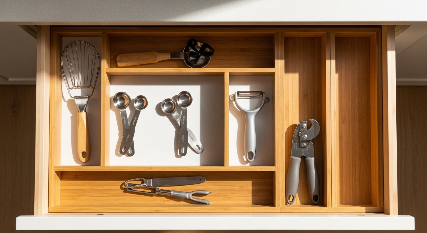 Overhead view of bamboo drawer dividers organizing kitchen utensils