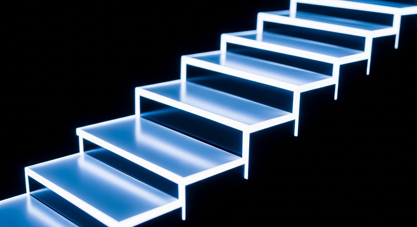 Glowing staircase representing discrete quantum energy levels