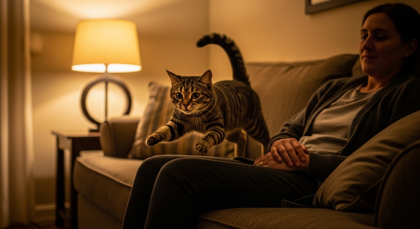 cat jumping off lap after overstimulation during petting