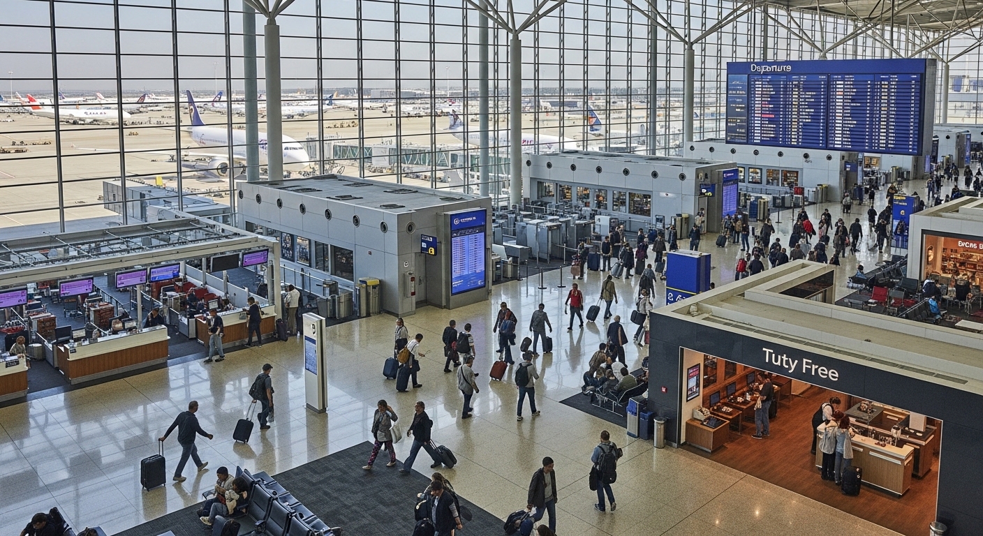 国際空港のターミナル内部と駐機中の旅客機