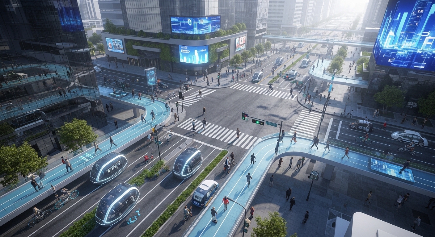 Vogelperspektive auf urbane Kreuzung mit autonomen Elektrofahrzeugen