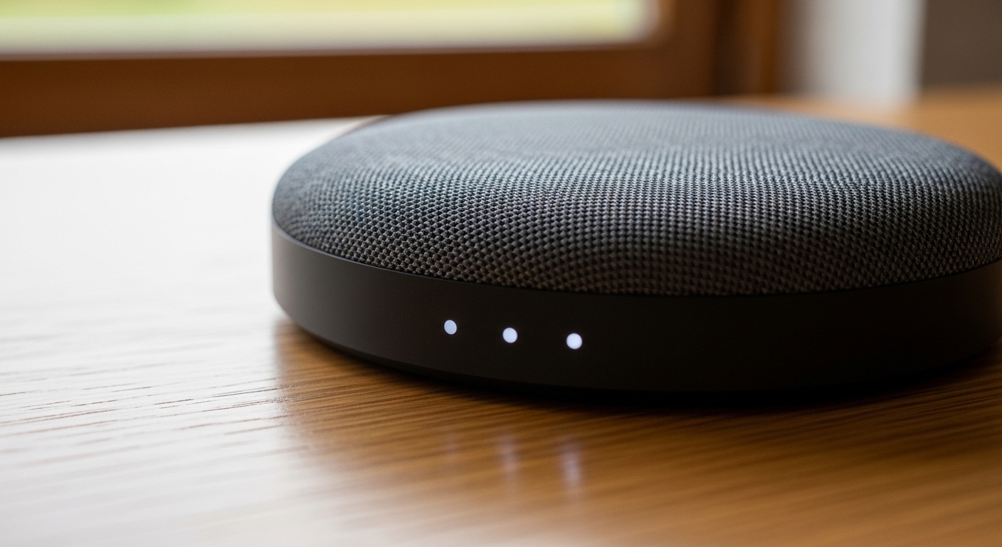Close-up of a smart home hub with indicator lights