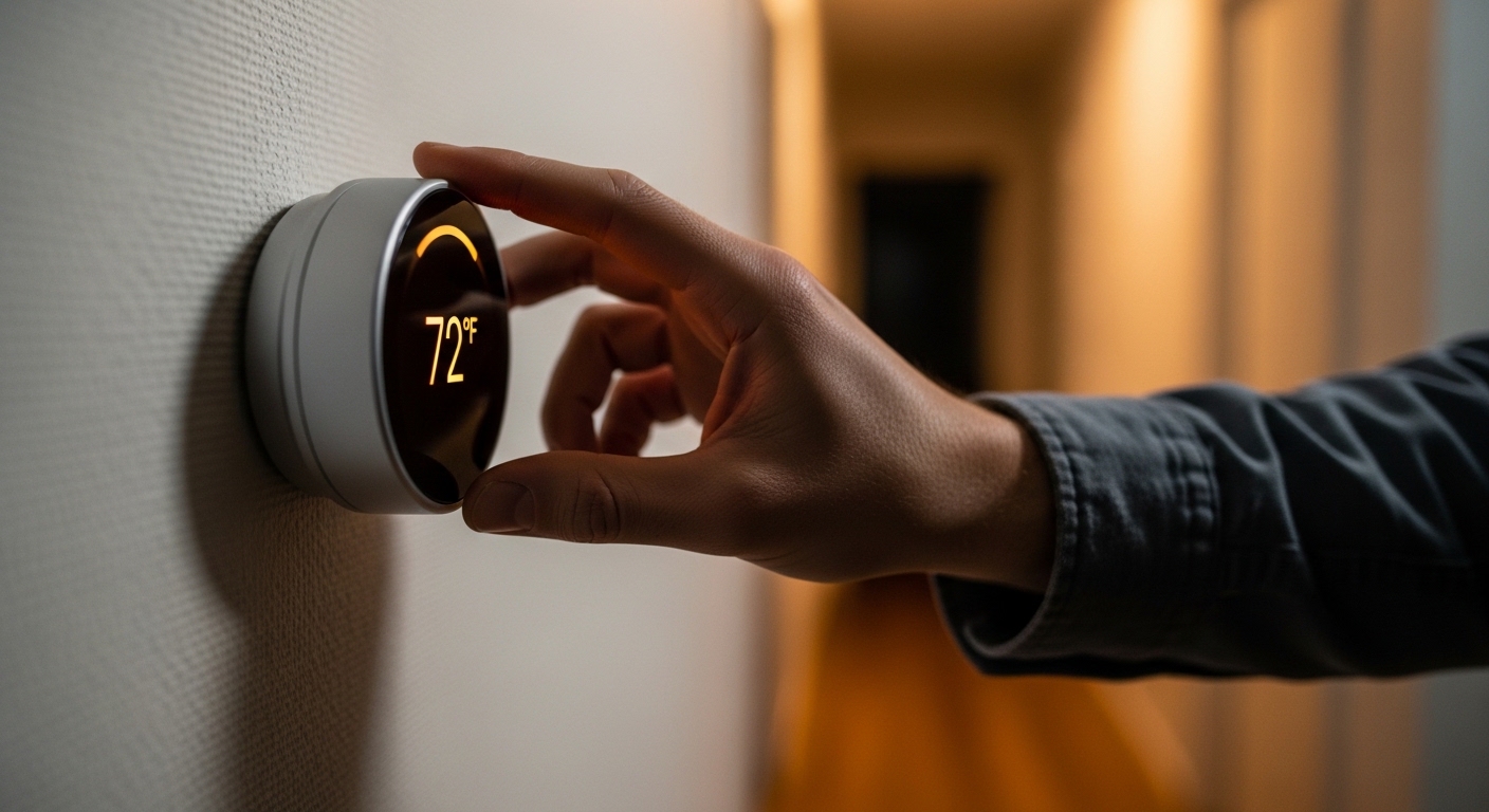 Hand adjusting a glowing smart thermostat on a wall