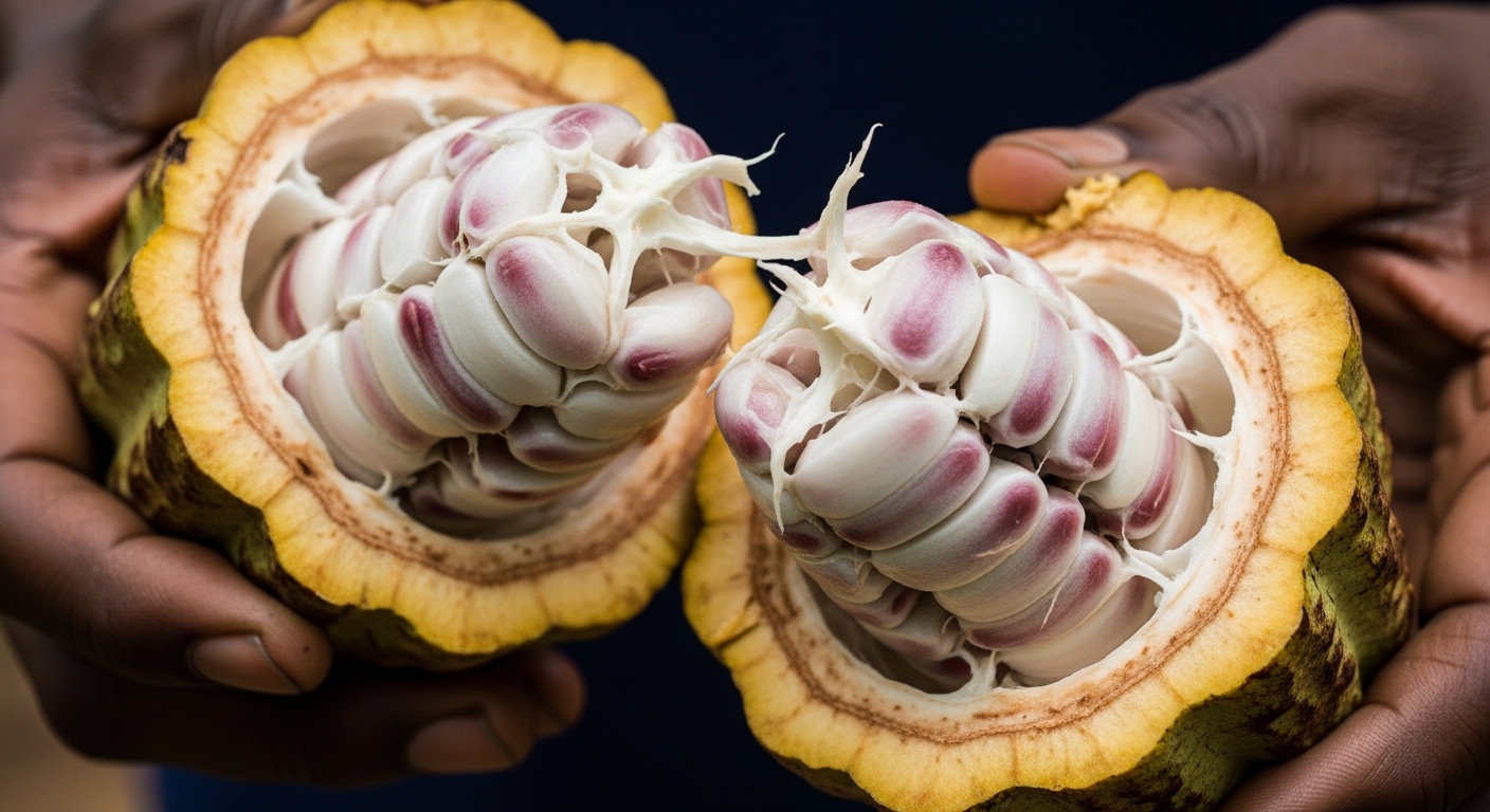 Cabosse de cacao ouverte révélant fèves et pulpe blanche