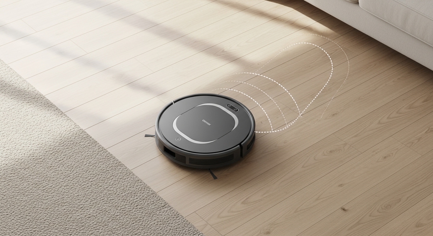 Robot vacuum mapping a living room floor from above