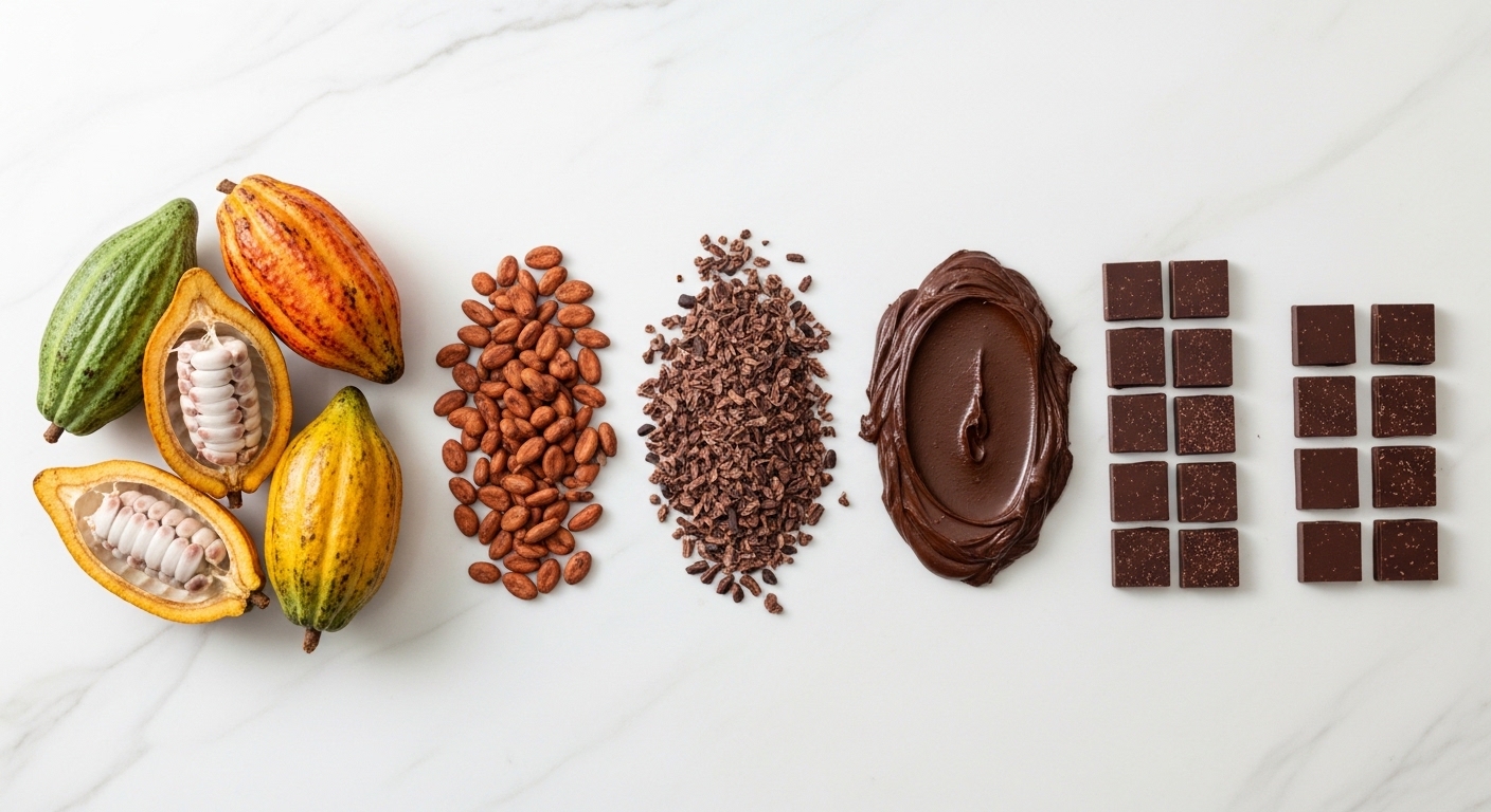 Étapes de transformation du cacao en chocolat, vue de dessus