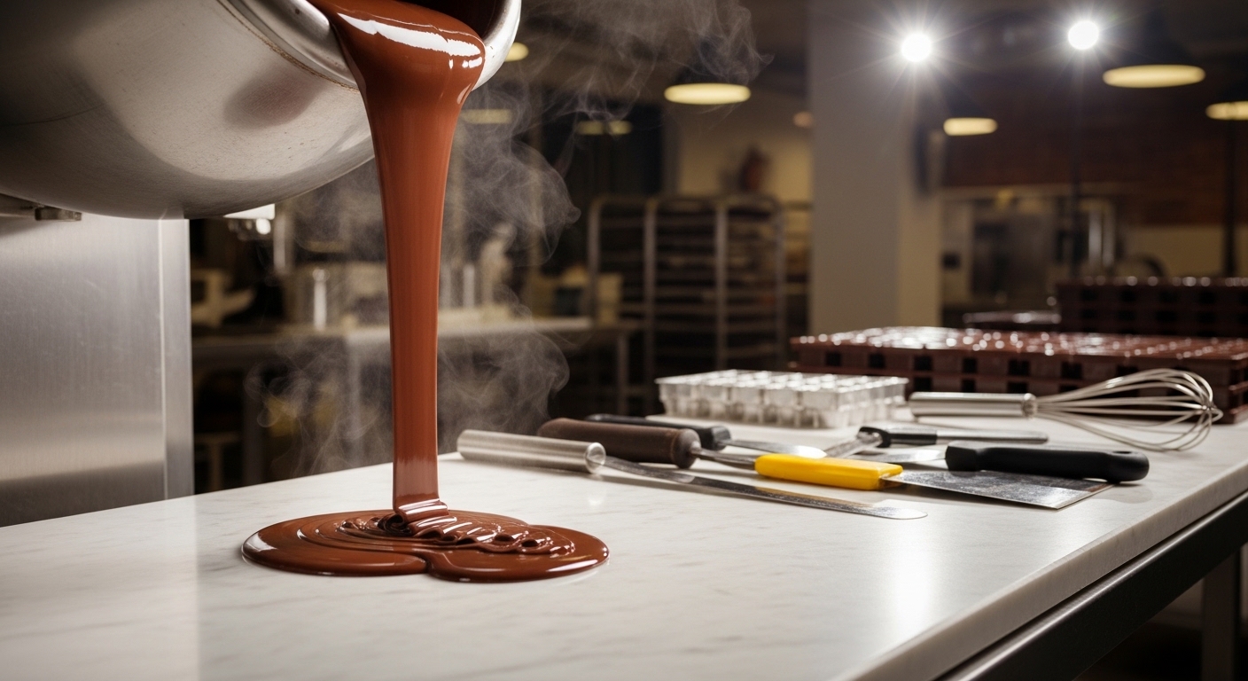 Chocolat fondu versé sur marbre lors du tempérage artisanal