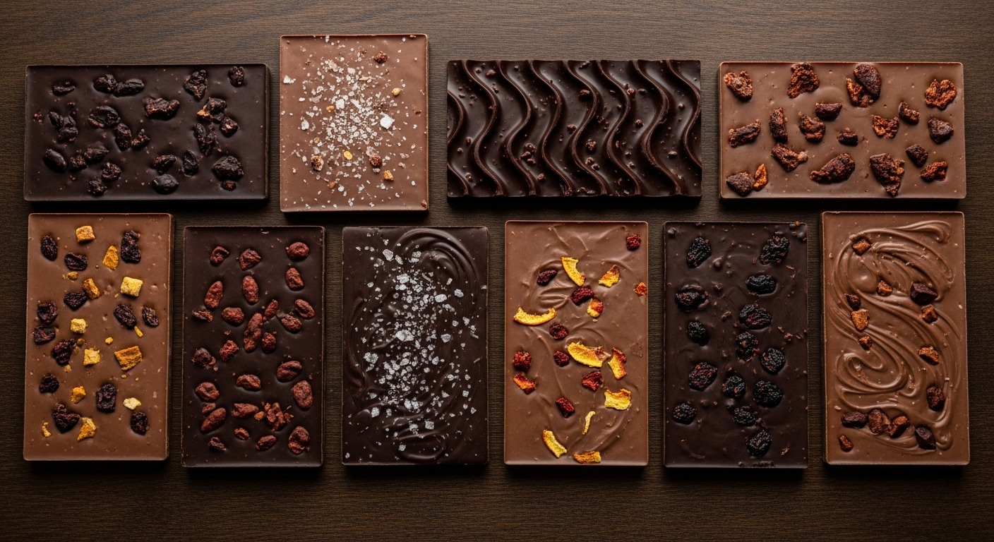Assortiment de tablettes de chocolat artisanal vues de dessus