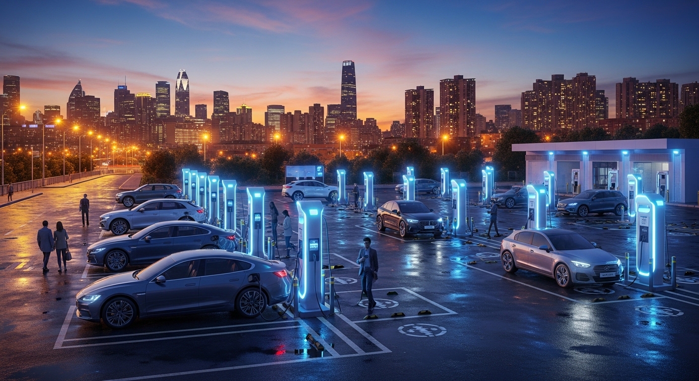 Elektrofahrzeuge an städtischer Ladestation bei Abenddämmerung