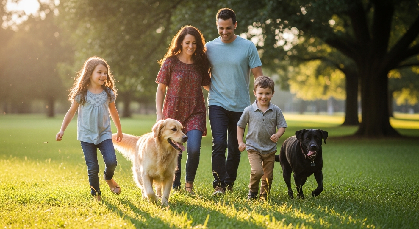 family playing in park with golden retriever and labrador retriever