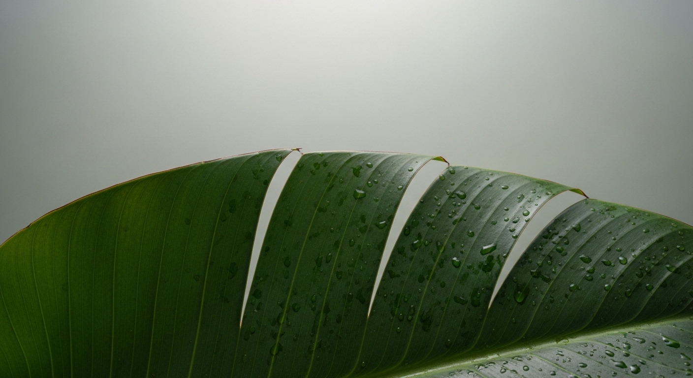 Close-up of split bird of paradise leaf showing natural texture