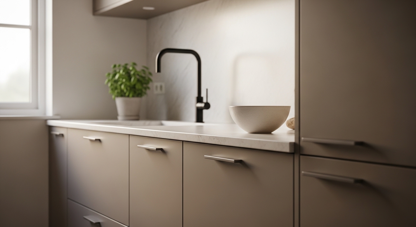 Close-up of warm greige handleless kitchen cabinets with limestone countertop