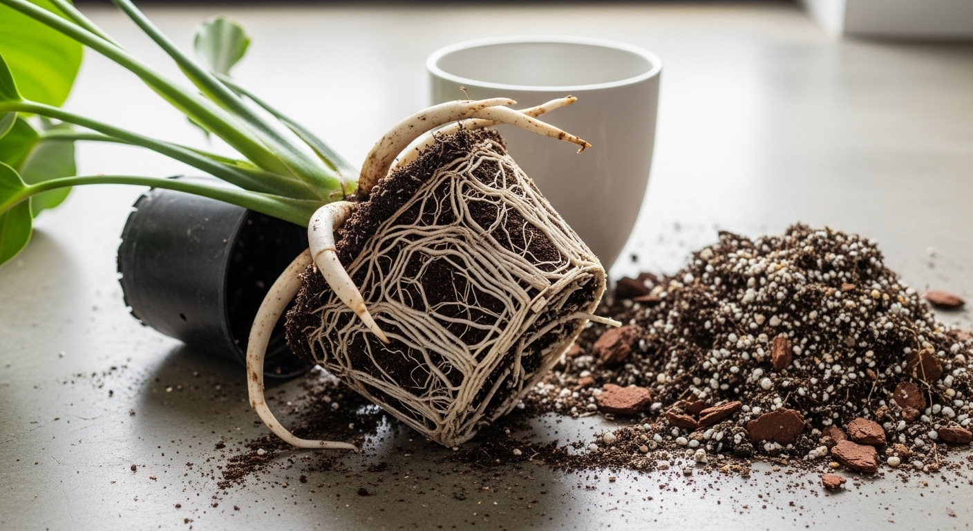 Bird of paradise root ball during repotting on concrete floor