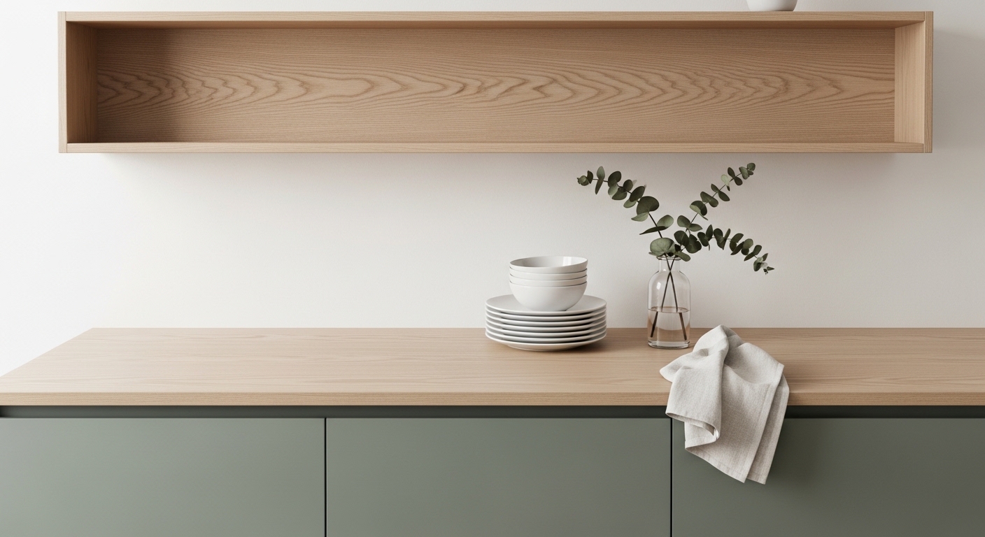 Overhead view of dusty sage Scandinavian kitchen counter with ceramic dishes