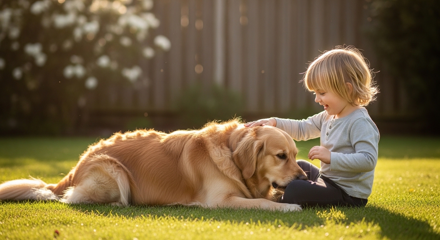 golden retriever playing gently with young child in sunny backyard