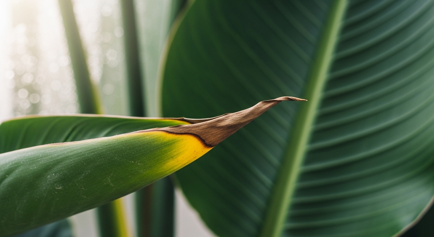 Bird of paradise leaf showing brown tip and minor yellowing