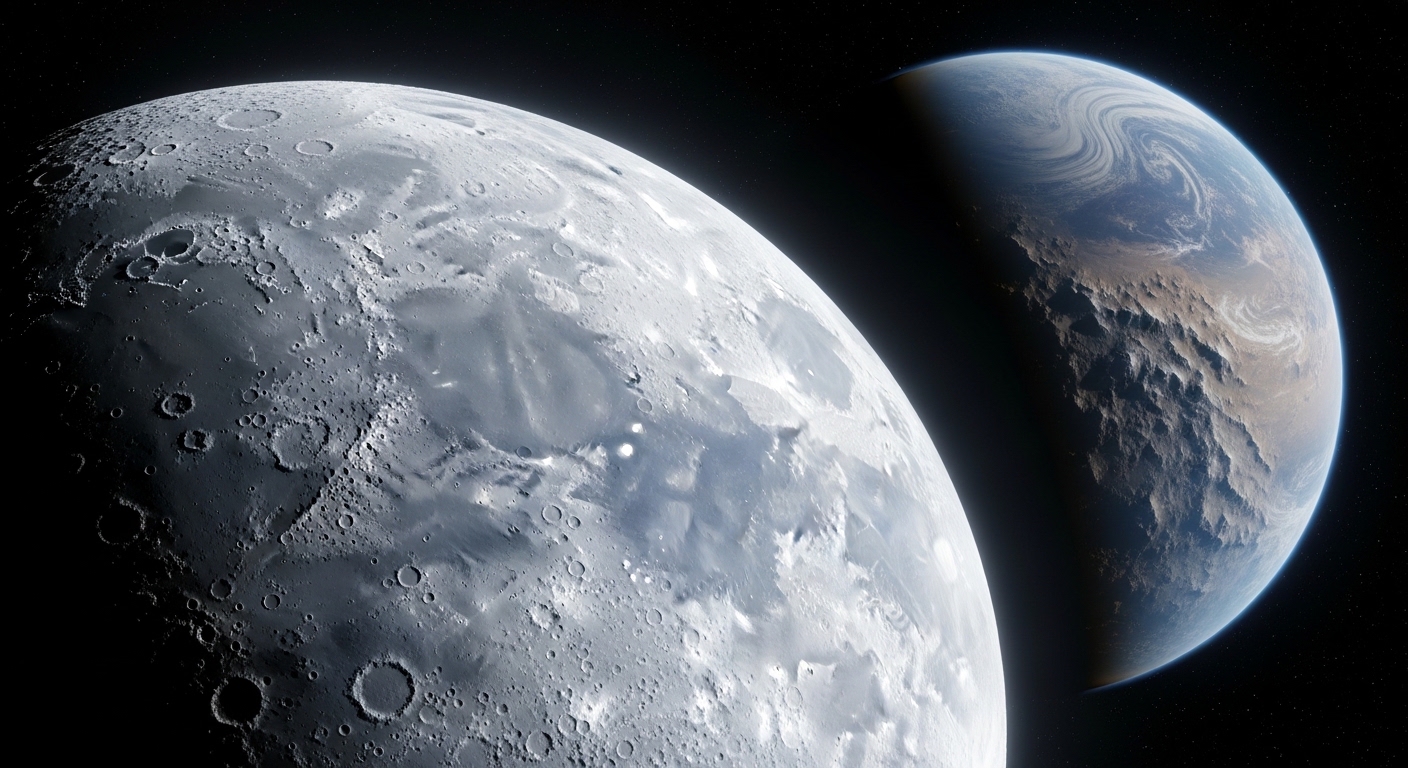 Large moon orbiting rocky planet in deep space