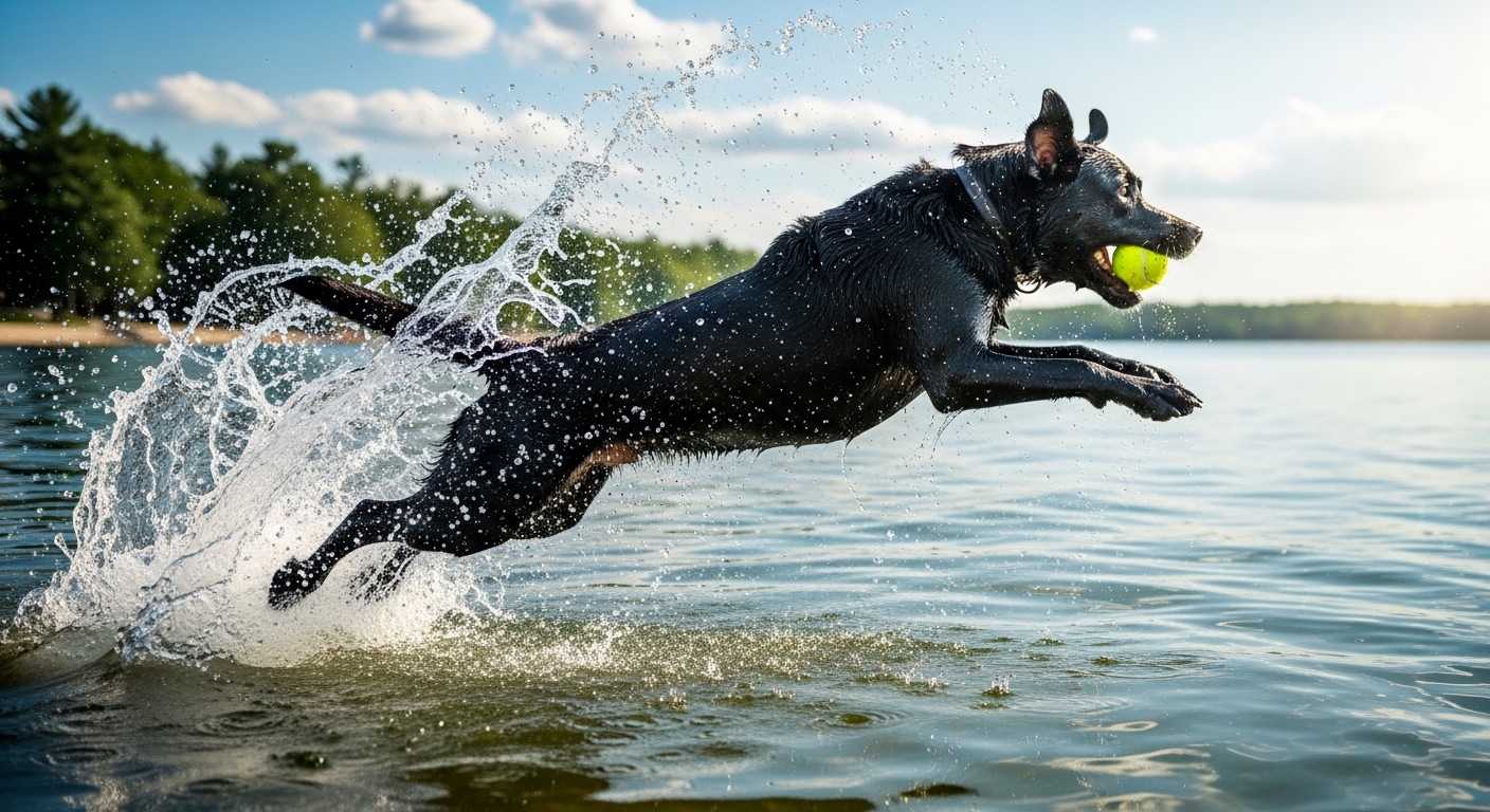 black labrador retriever leaping into lake to retrieve ball