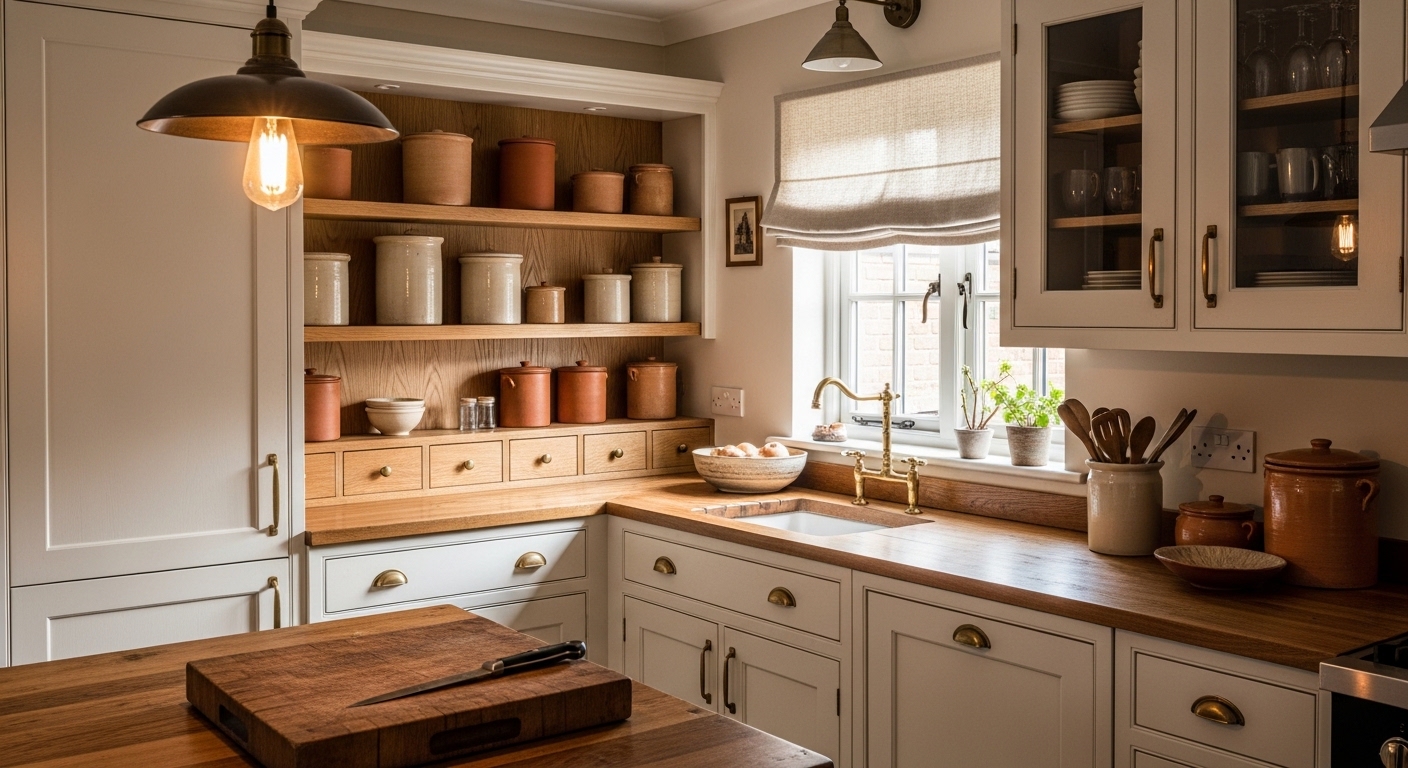 Antique white shaker kitchen with oak shelving, brass hardware, and terracotta accents