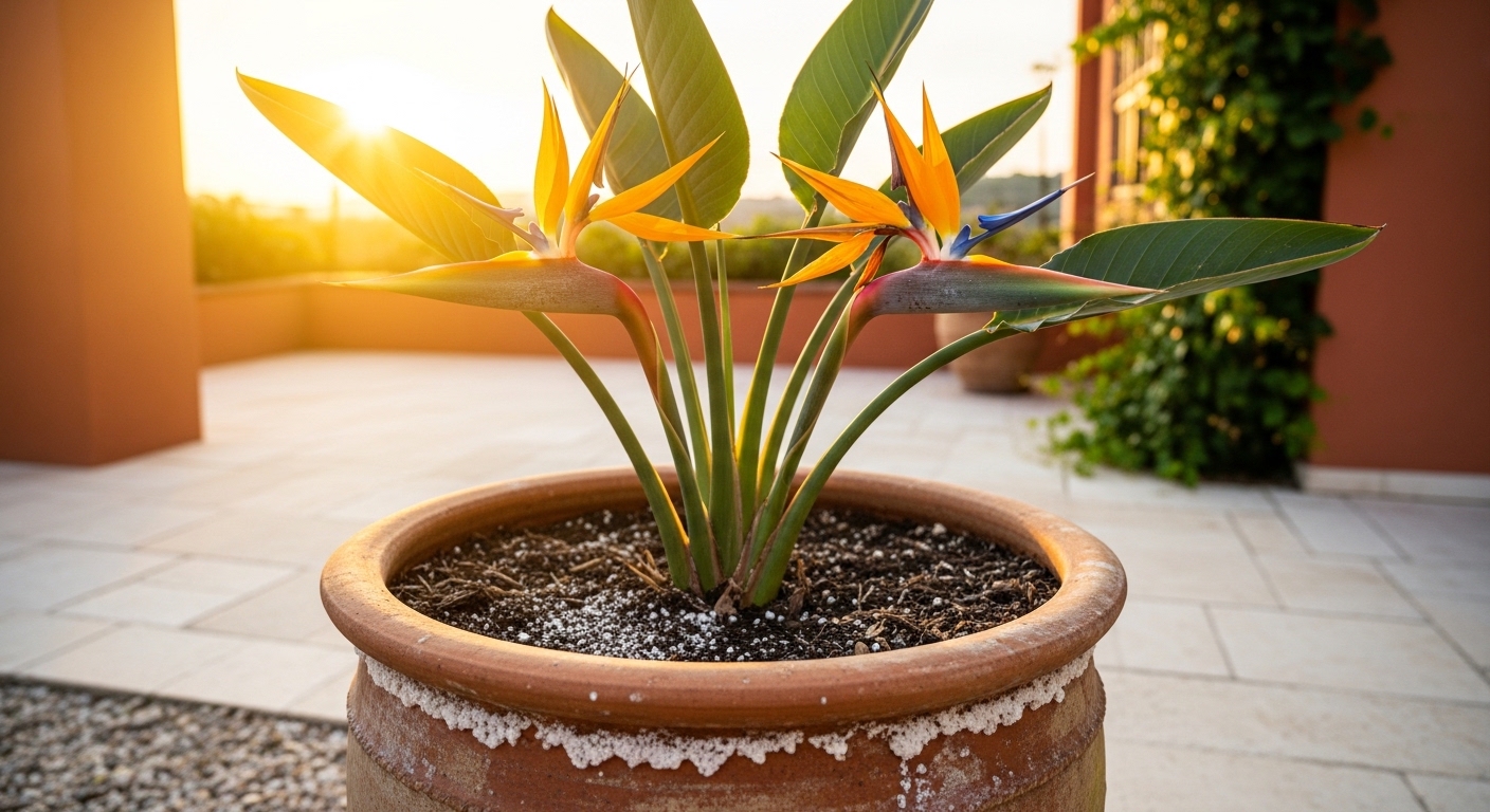 Bird of paradise flowering outdoors in terracotta pot on sunny terrace