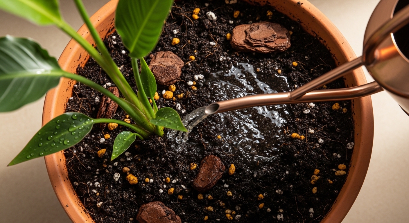 Watering bird of paradise in terracotta pot with copper watering can