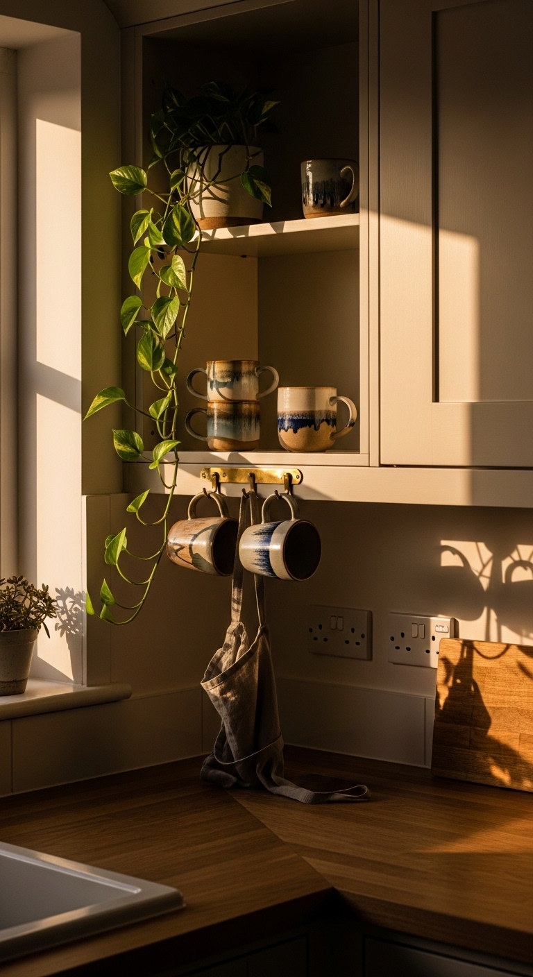 Styled kitchen corner with cream cabinets, ceramic mugs, and golden hour light