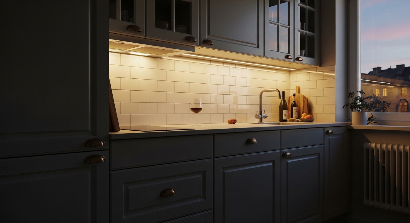 Small apartment kitchen with sage green cabinets and warm under-cabinet lighting at dusk