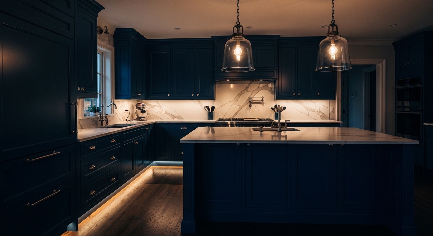 Deep navy kitchen with marble countertops and polished nickel hardware at night