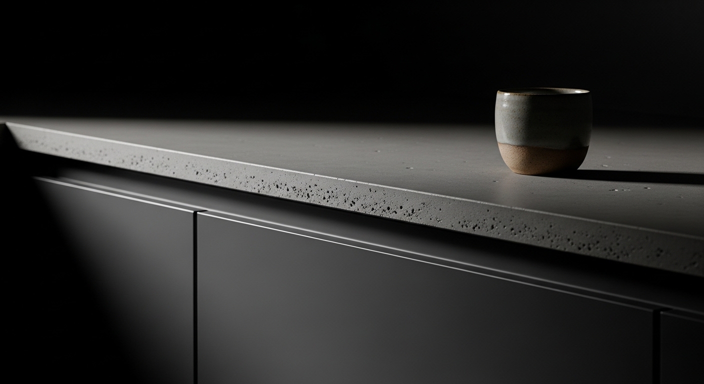 Close-up texture of charcoal matte Japandi cabinet with concrete countertop