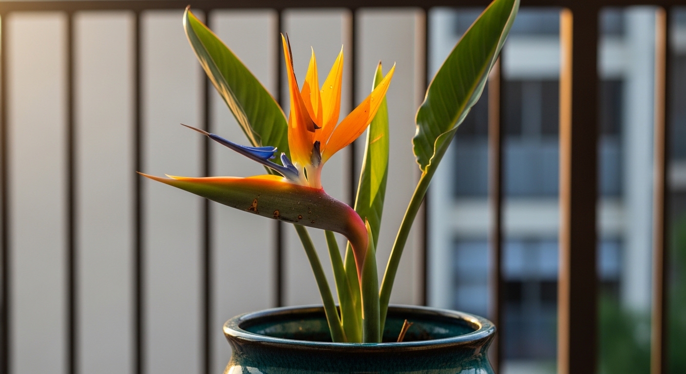 Bird of paradise in bloom with orange and blue flower on balcony