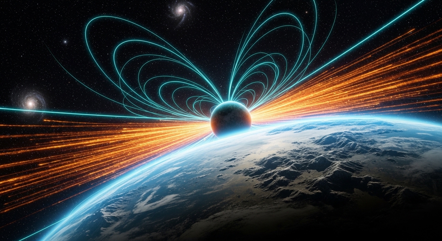 Planet magnetosphere deflecting solar wind particles