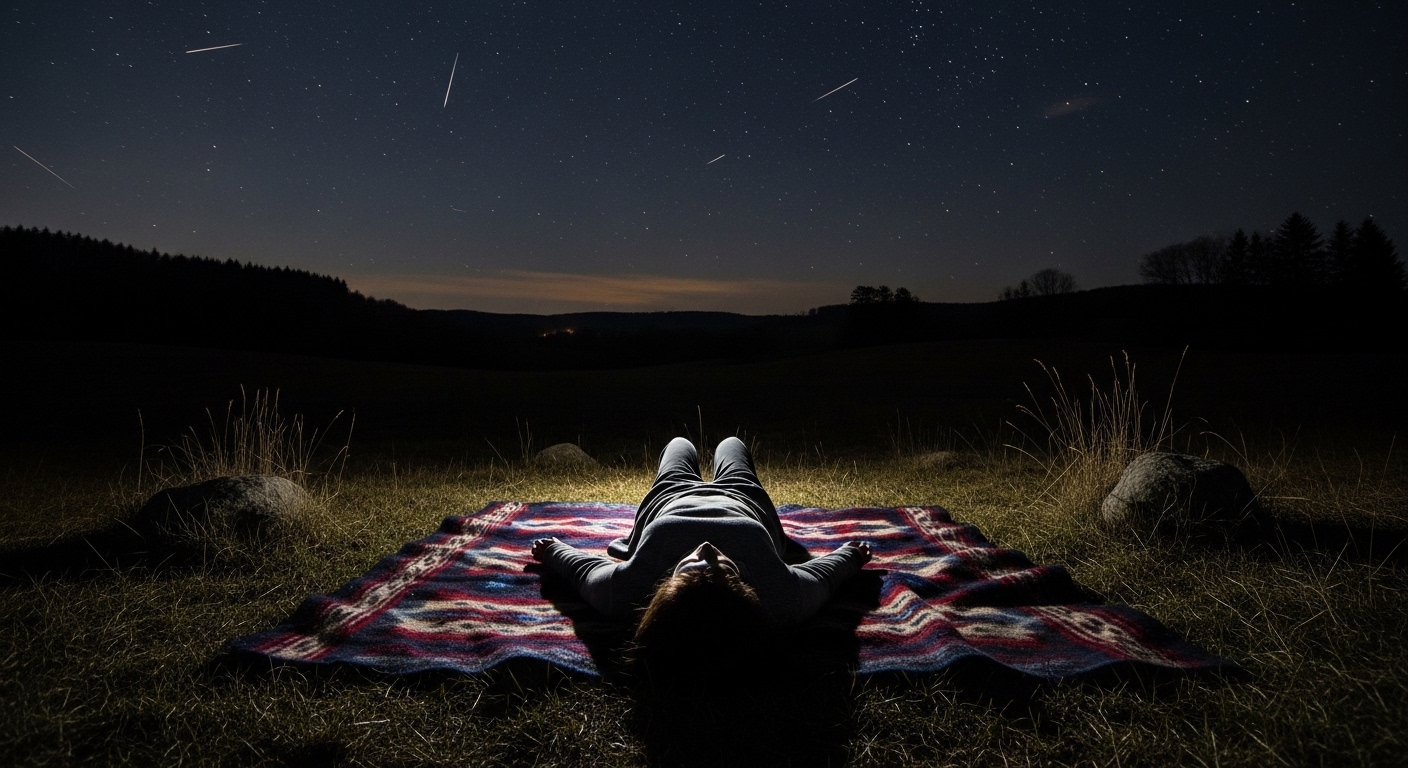 Person watching meteor shower from open field at night