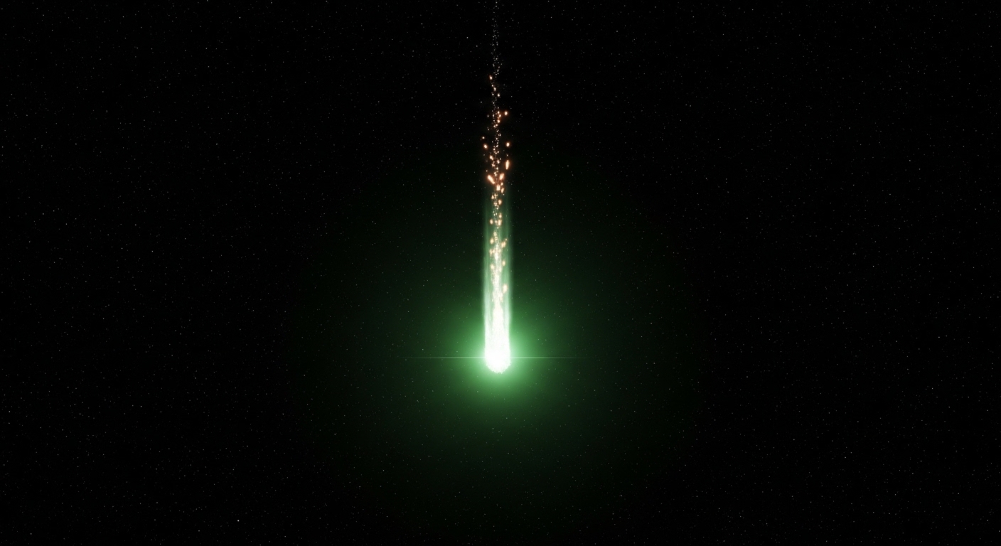 Overhead view of a bright fireball meteor with glowing trail