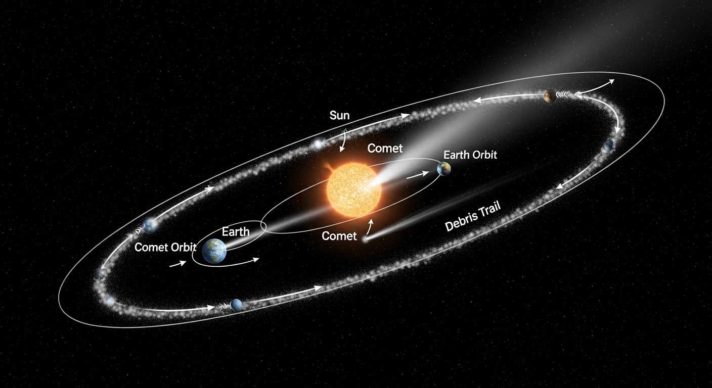 Diagram of comet debris trail intersecting Earth's orbit