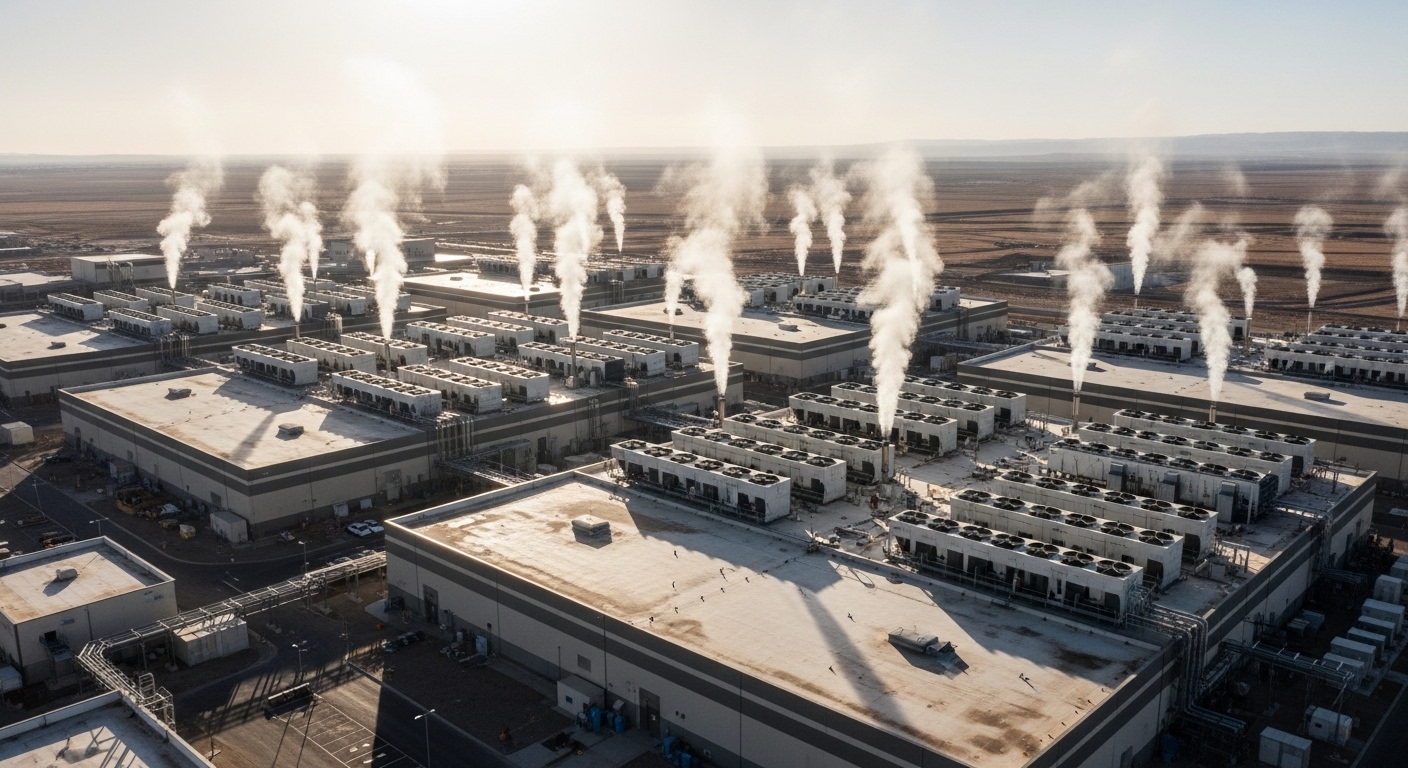Aerial view of large data center in arid environment