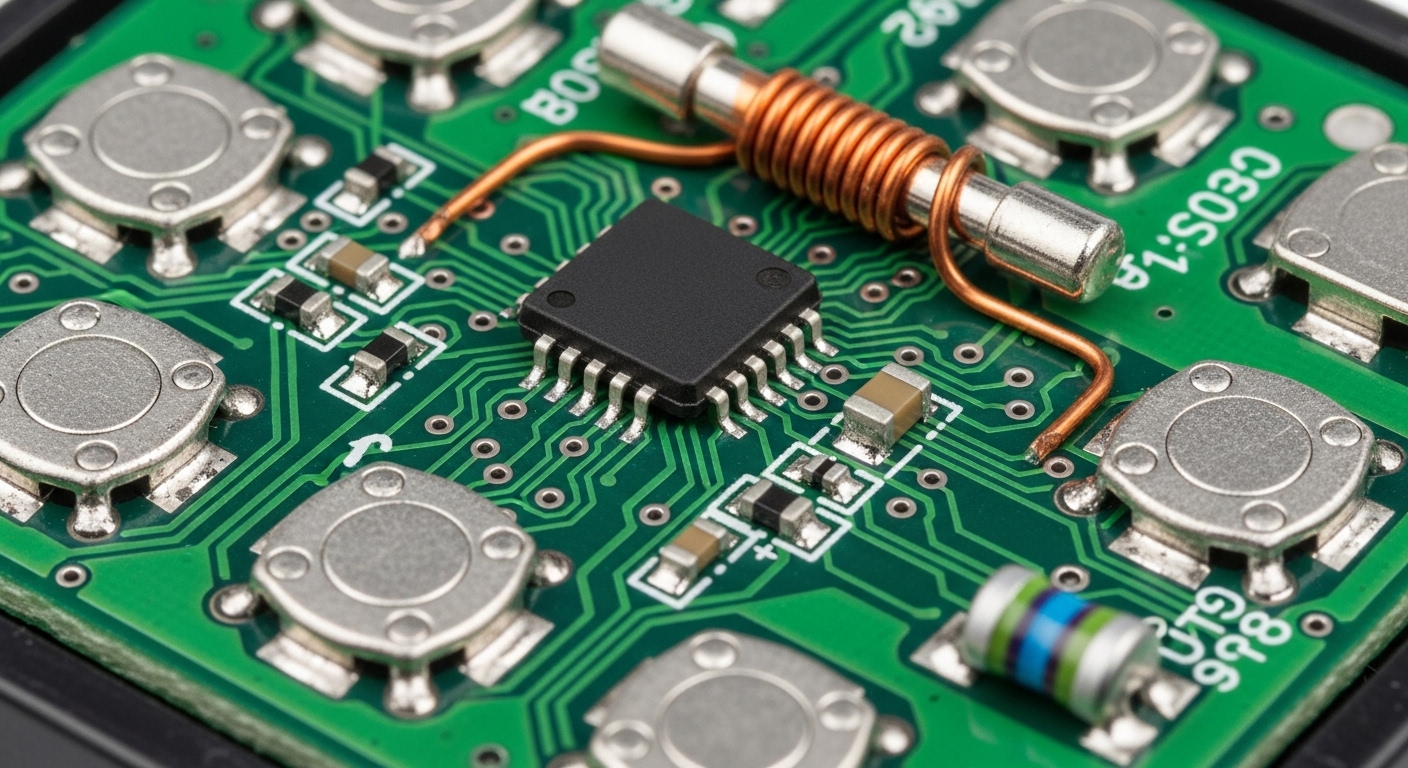 Key fob circuit board close-up with microchip