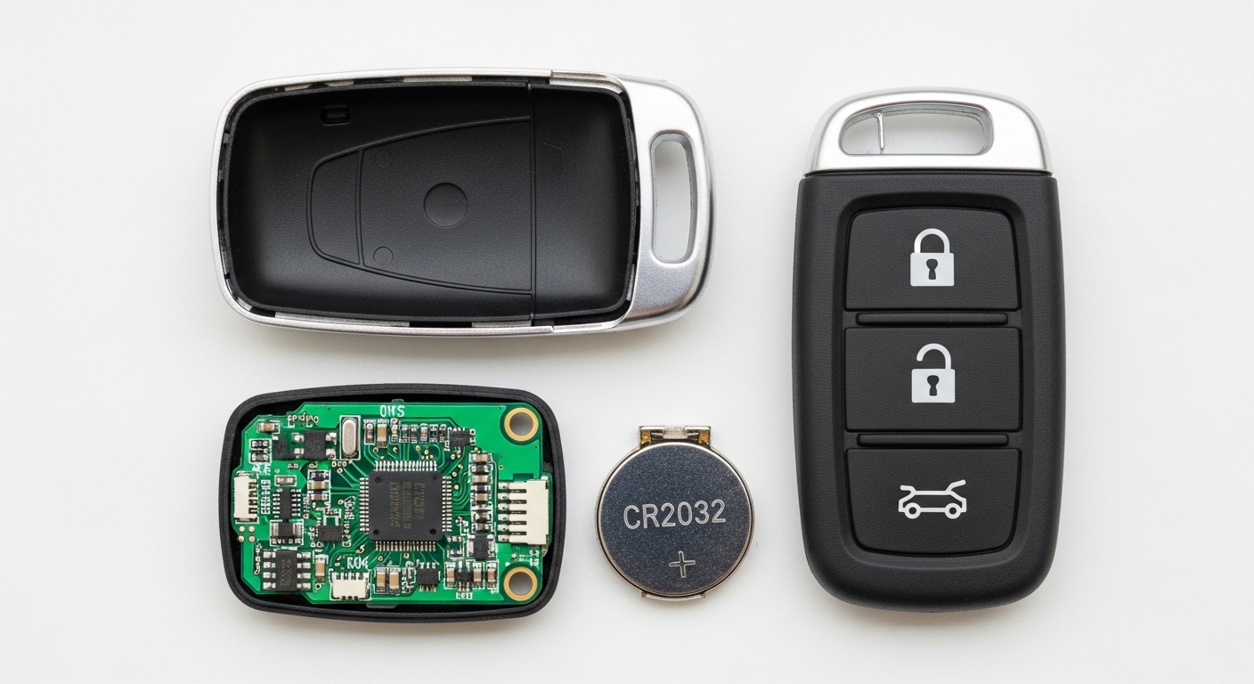 Disassembled key fob components overhead view