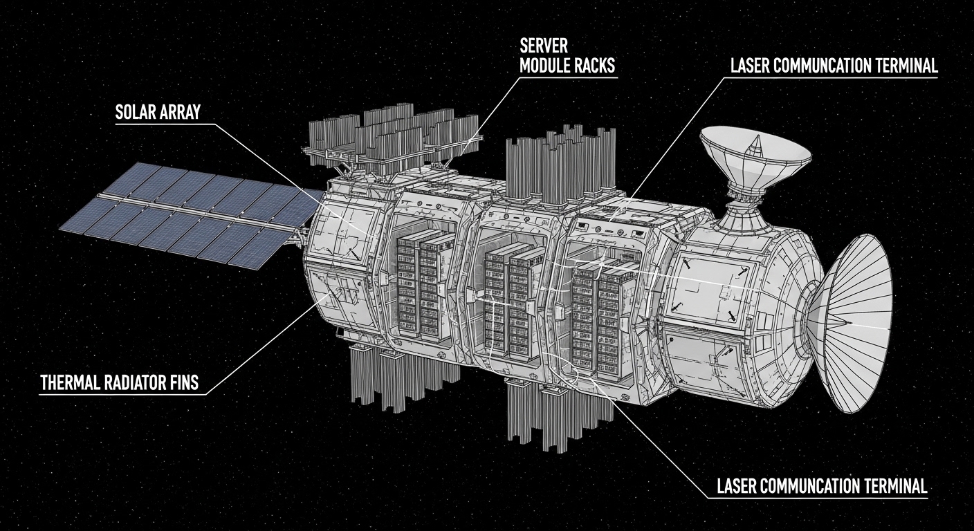 Diagram of modular space data center components in orbit