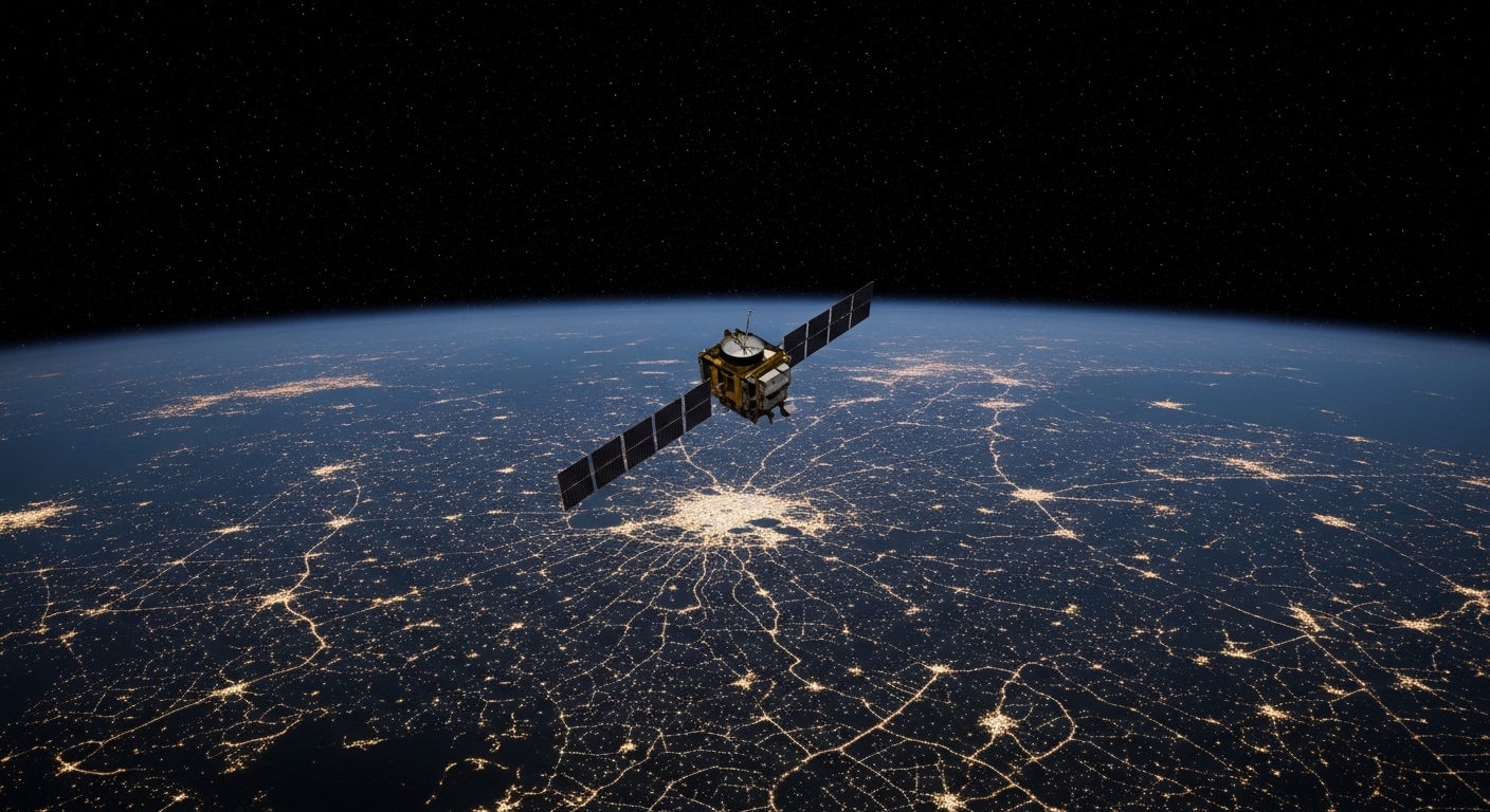 Satellite passing over lit city at night from orbit