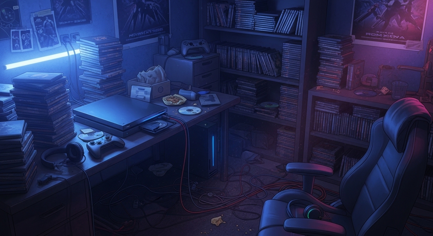 Cluttered gaming room with stacked game cases