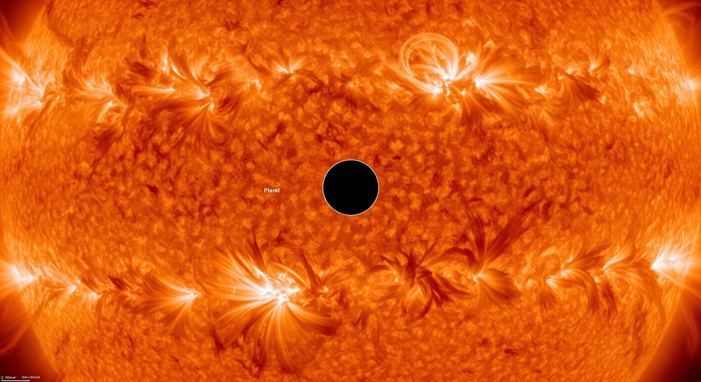 Planet silhouetted against bright star surface