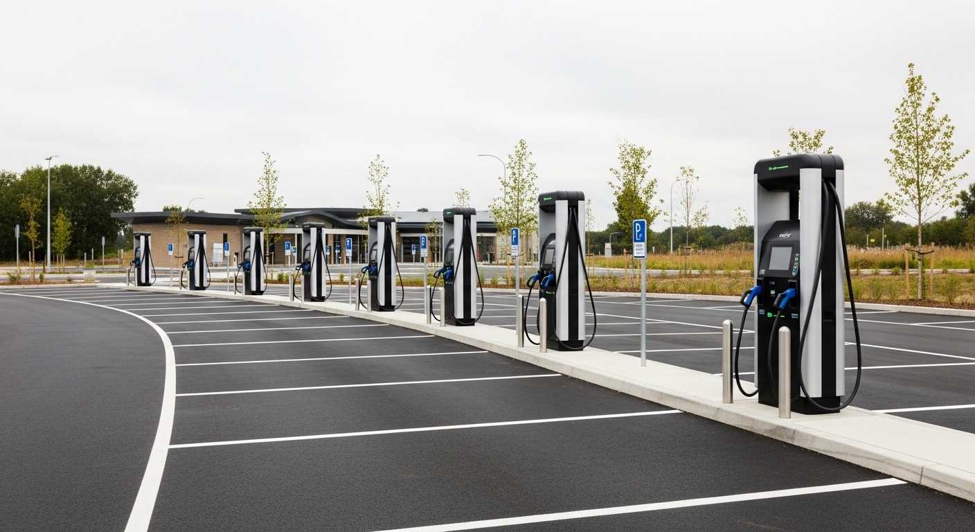 Public fast charging station at highway rest stop