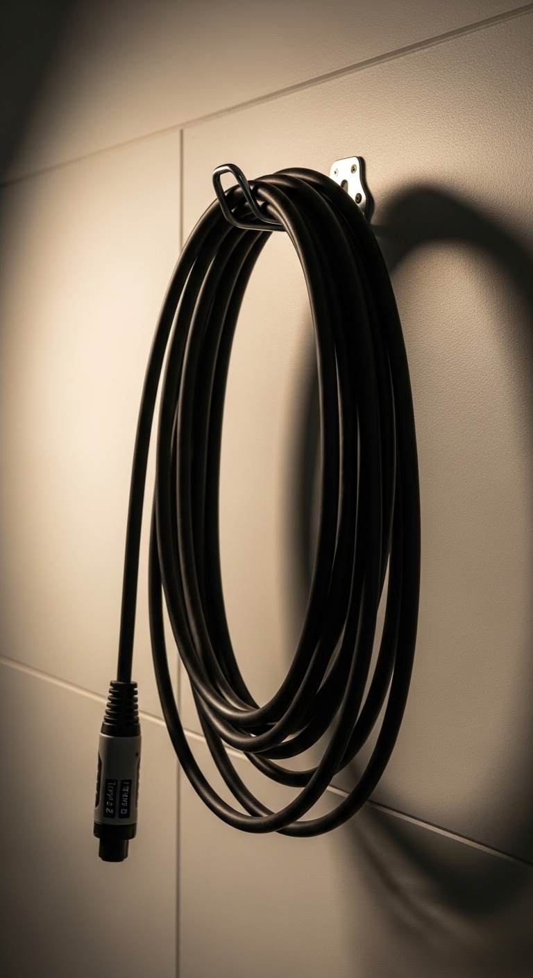 EV charging cable neatly stored on garage wall