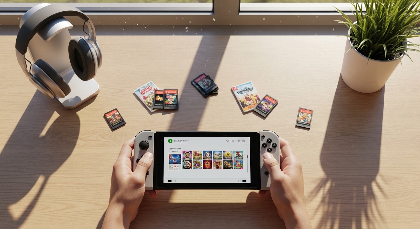 Overhead view of handheld console with digital library