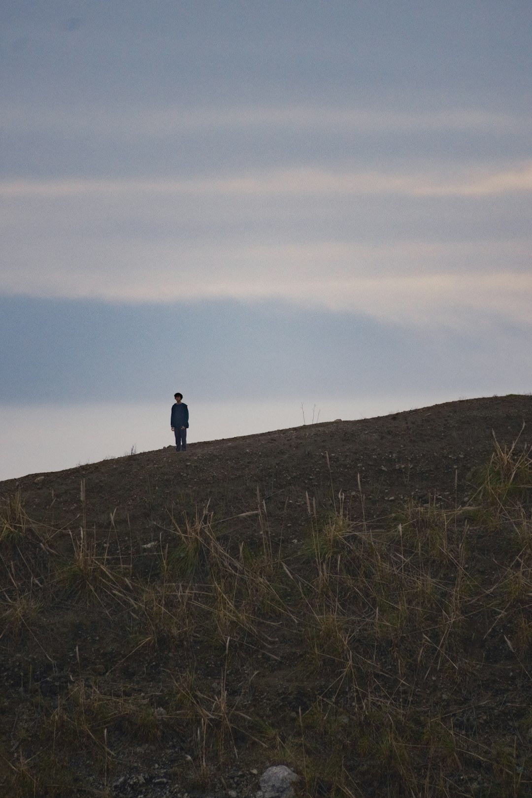 Person standing in open field listening to surrounding environment