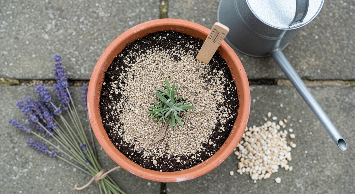 Overhead view of dry lavender soil in terracotta pot with watering tools